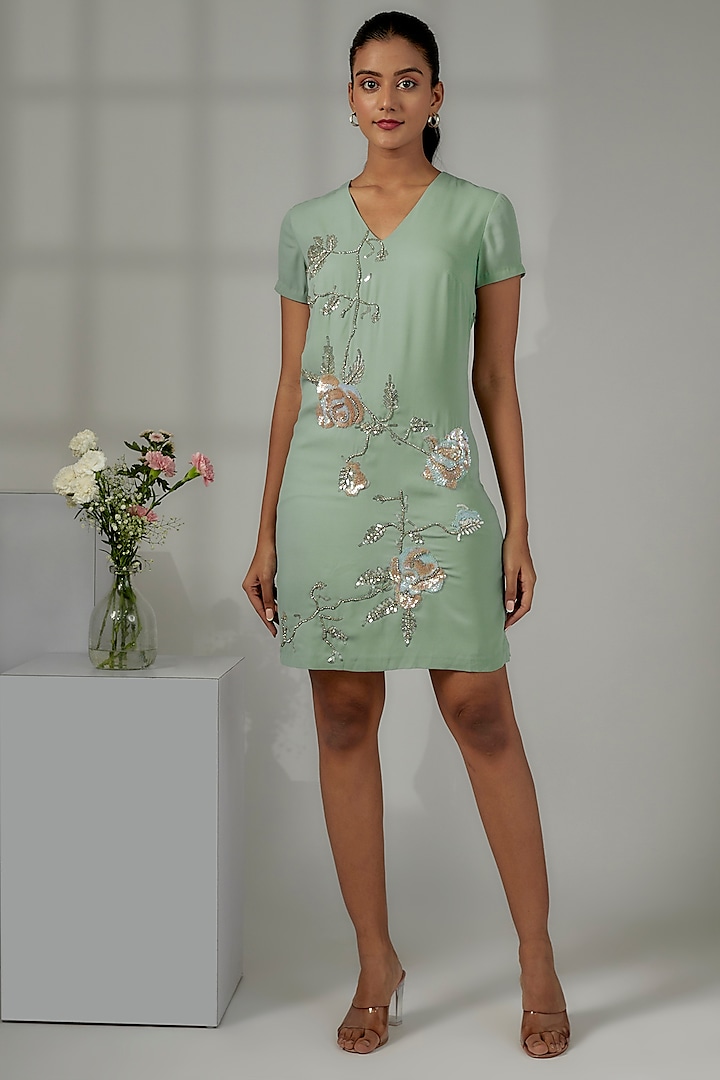 Dusty Sage Polyester Georgette Embellished Dress by Nayantara Couture