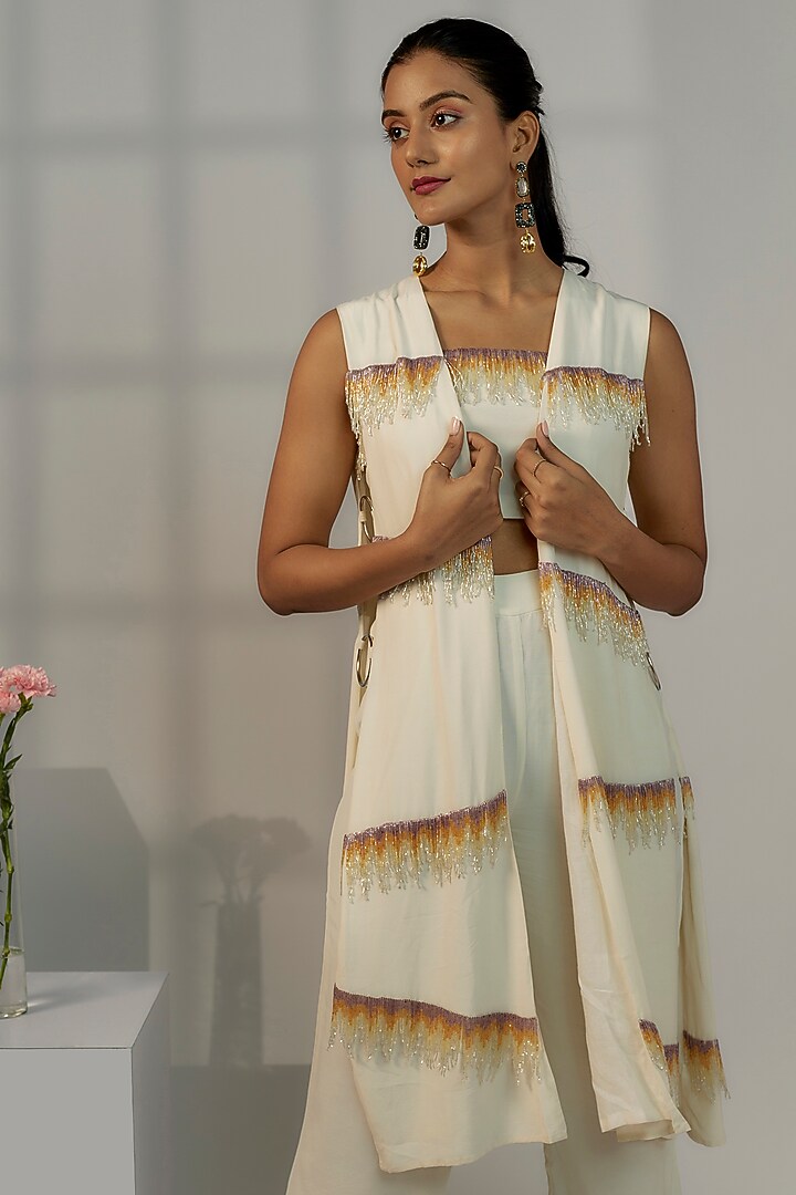 Ivory Viscose Crepe Jacket Set by Nayantara Couture at Pernia's Pop Up Shop