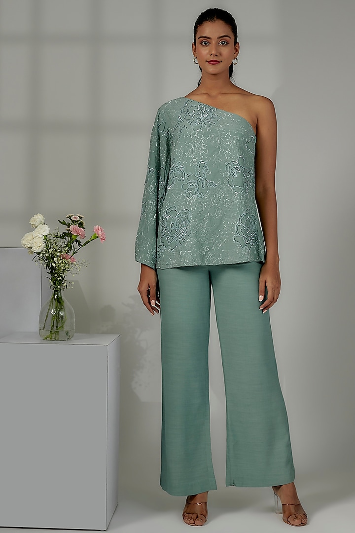 Sage Viscose Crepe Embellished Co-Ord Set by Nayantara Couture at Pernia's Pop Up Shop