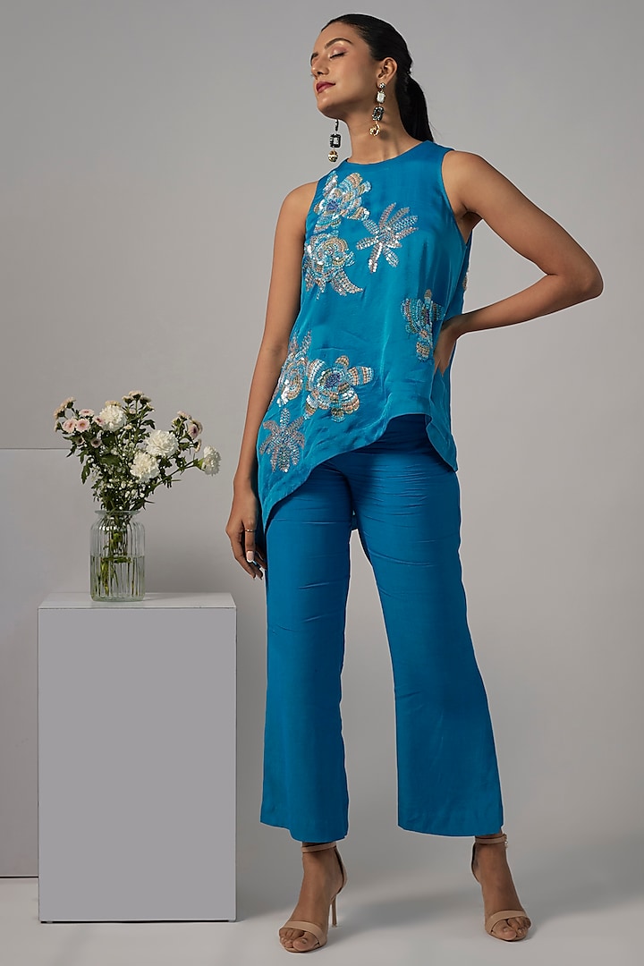 Cobalt Blue Viscose Satin Organza Hand Embroidered Tunic Set by Nayantara Couture