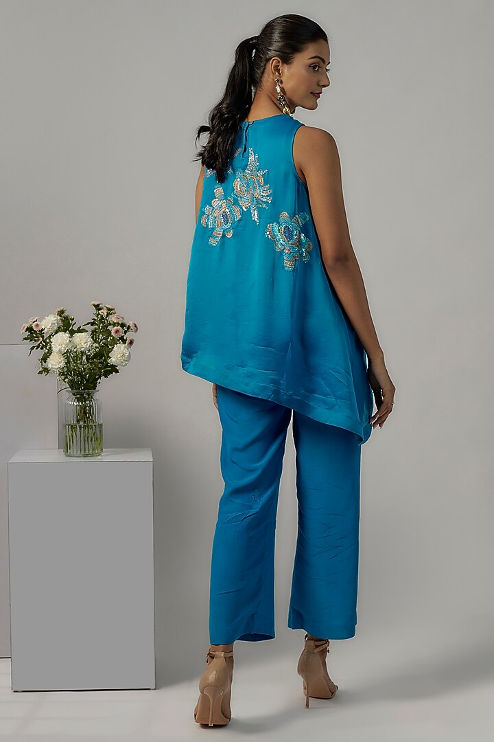 Cobalt Blue Viscose Satin Organza Hand Embroidered Tunic Set by Nayantara Couture at Pernia's Pop Up Shop