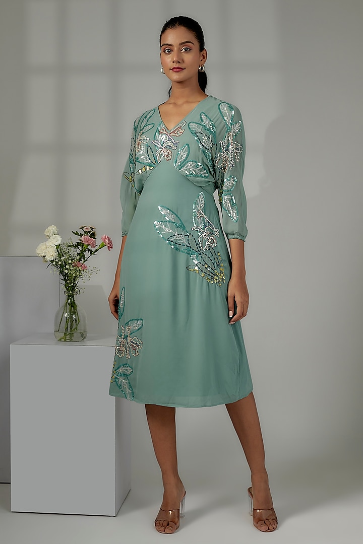 Sage Polyester Georgette & Viscose Georgette Embroidered Dress by Nayantara Couture