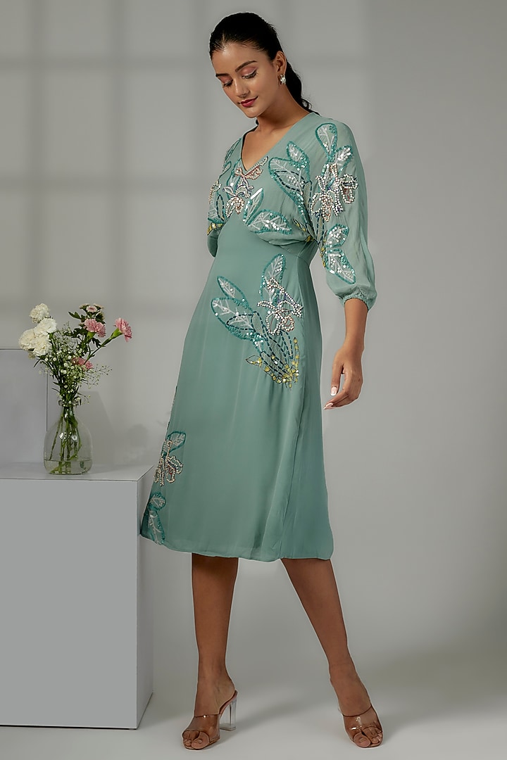 Sage Polyester Georgette & Viscose Georgette Embroidered Vacation Dress by Nayantara Couture at Pernia's Pop Up Shop