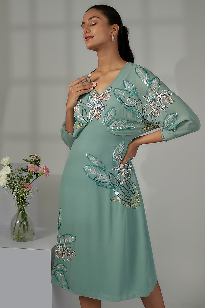 Sage Polyester Georgette & Viscose Georgette Embroidered Vacation Dress by Nayantara Couture at Pernia's Pop Up Shop