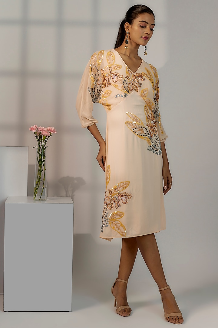 Cream Polyester Georgette & Viscose Georgette Embroidered Dress by Nayantara Couture