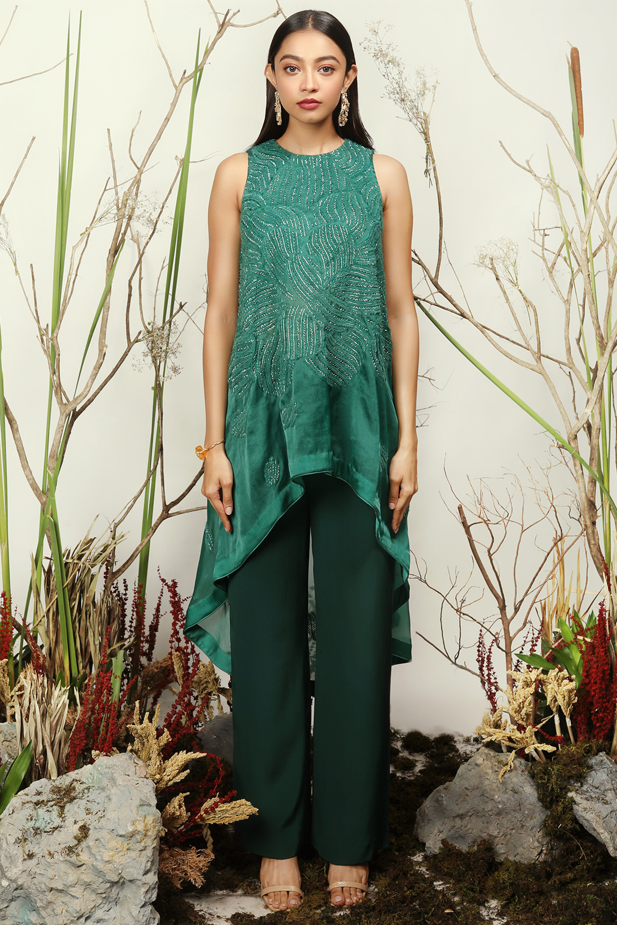 Bottle Green Embroidered High-Low Tunic Set by Nayantara Couture at Pernia's Pop Up Shop