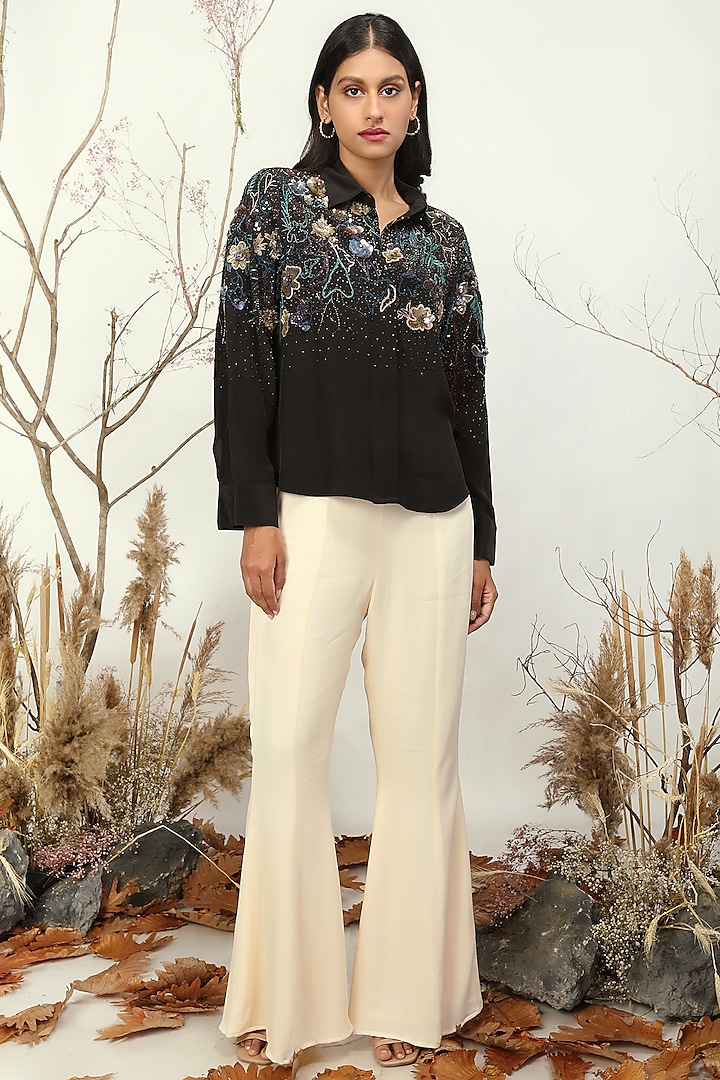 Black Floral Embroidered Shirt by Nayantara Couture