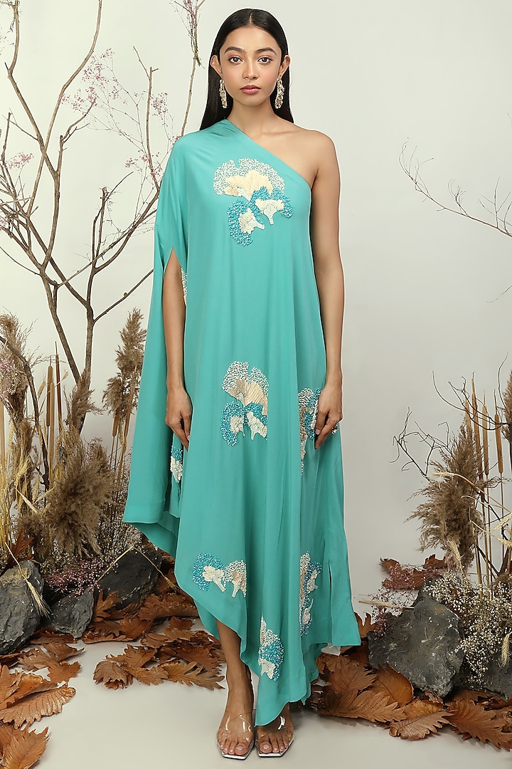 Mint Blue Embroidered One-Shoulder Maxi Dress by Nayantara Couture
