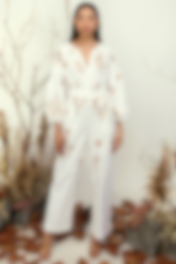 White Thread Embroidered Jumpsuit by Nayantara Couture