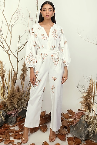 White Thread Embroidered Jumpsuit by Nayantara Couture