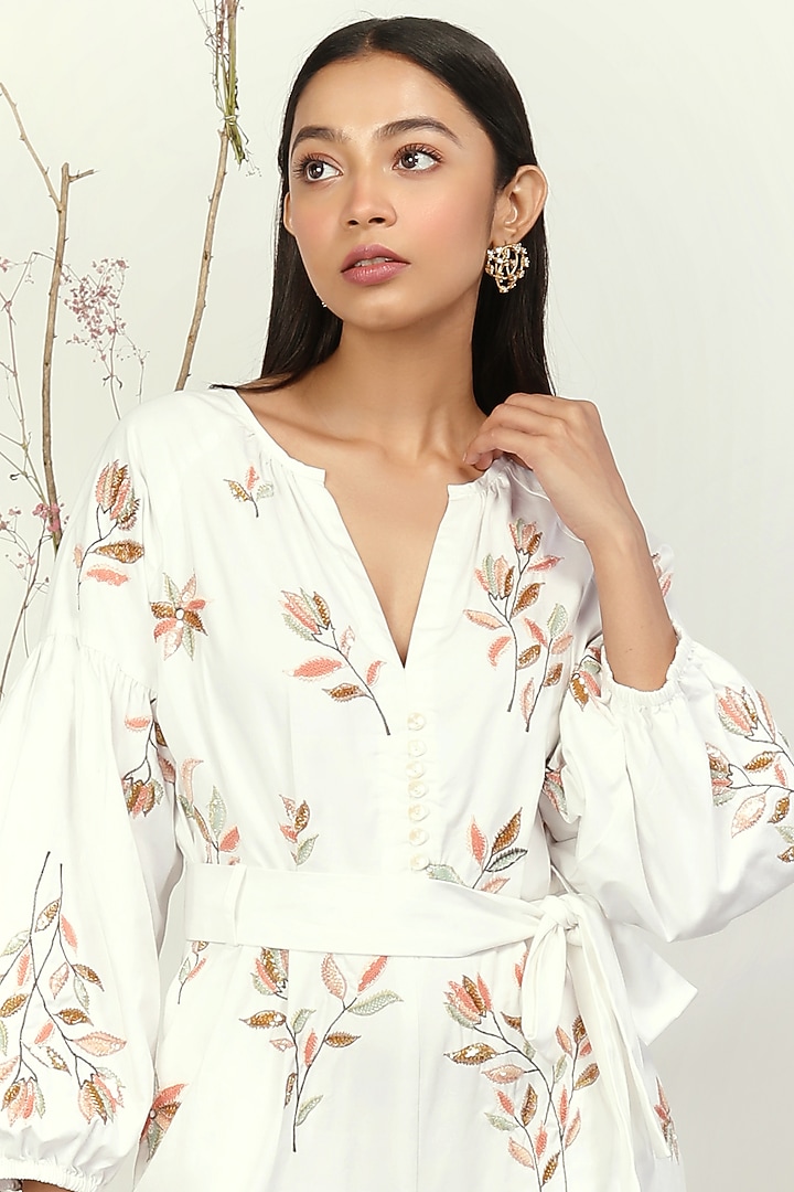 White Thread Embroidered Jumpsuit by Nayantara Couture at Pernia's Pop Up Shop