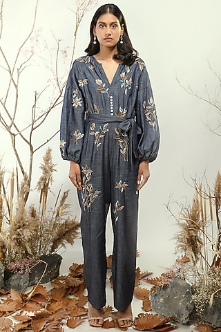 Dull Blue Thread Embroidered Jumpsuit by Nayantara Couture