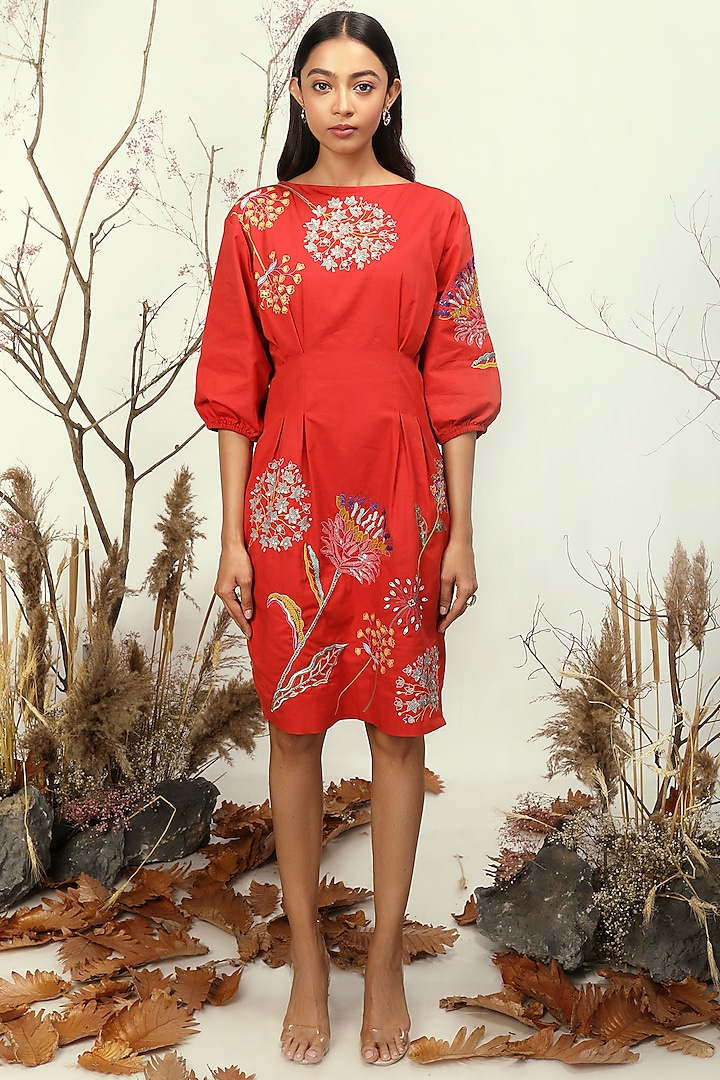 Cadmium Red Cotton Poplin Dress by Nayantara Couture