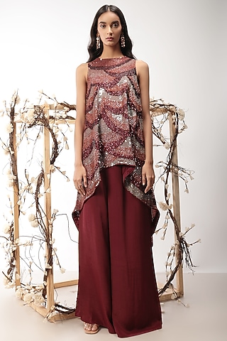 Maroon Embroidered High-Low Tunic Set by Nayantara Couture