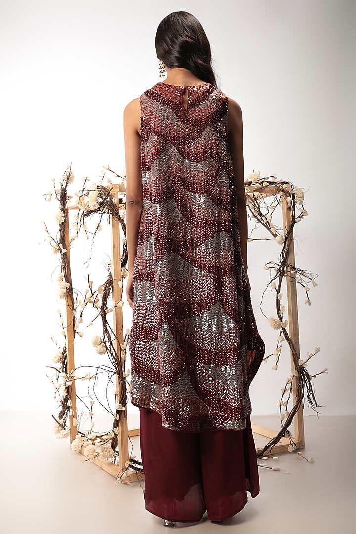 Maroon Embroidered High-Low Tunic Set by Nayantara Couture at Pernia's Pop Up Shop