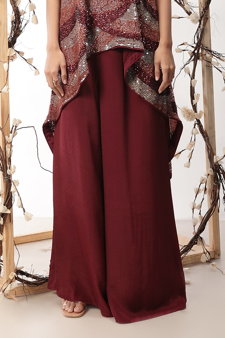 Maroon Embroidered High-Low Tunic Set by Nayantara Couture at Pernia's Pop Up Shop