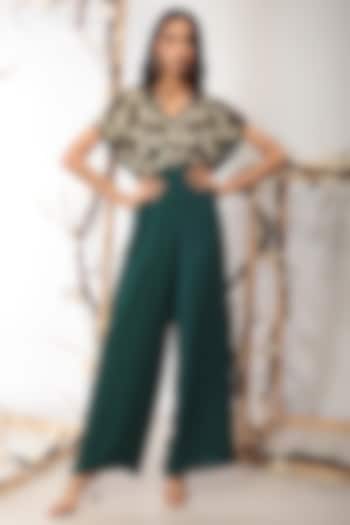 Bottle Green Embroidered Jumpsuit by Nayantara Couture