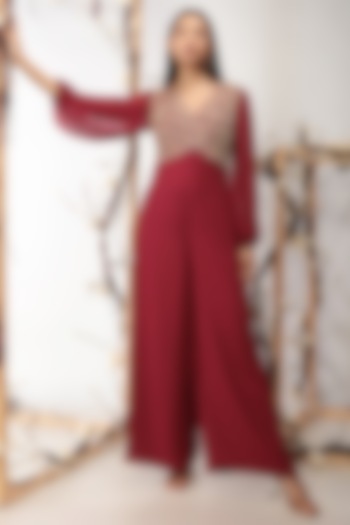 Wine Embroidered Flared Jumpsuit by Nayantara Couture
