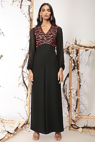 Black Embroidered Flared Jumpsuit by Nayantara Couture
