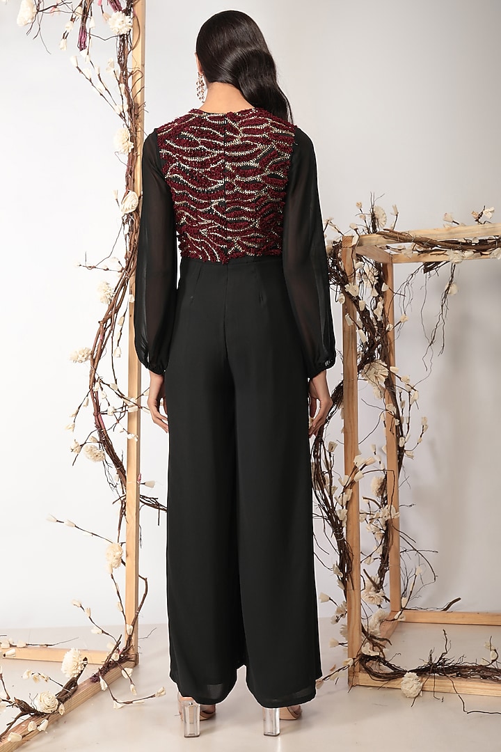 Black Embroidered Flared Jumpsuit by Nayantara Couture at Pernia's Pop Up Shop