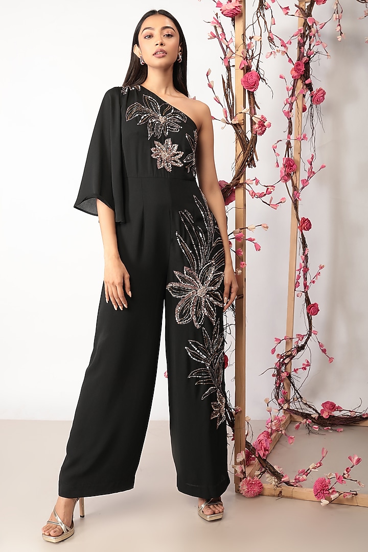 Black Embroidered One Shoulder Jumpsuit by Nayantara Couture
