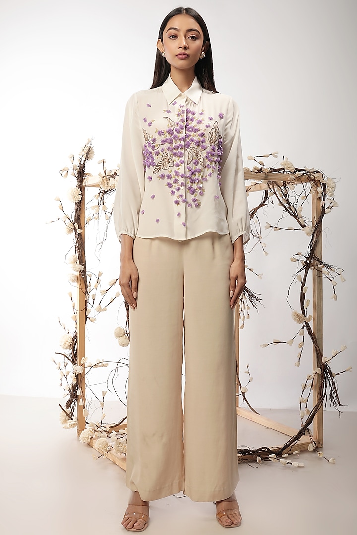 Ivory Embroidered Shirt by Nayantara Couture