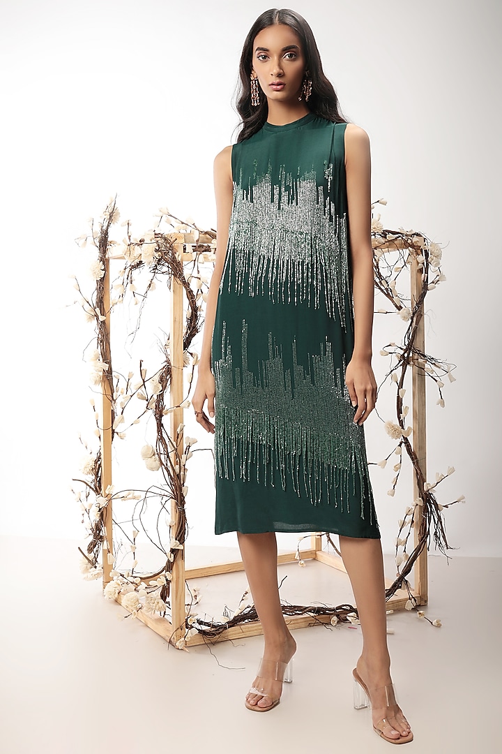 Bottle Green Embroidered Dress by Nayantara Couture at Pernia's Pop Up Shop