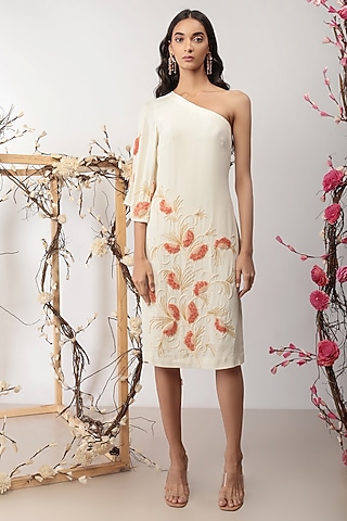 Ivory Embroidered One Shoulder Dress by Nayantara Couture