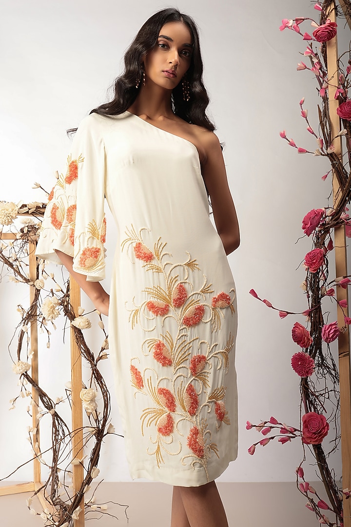 Ivory Embroidered One Shoulder Vacation Dress by Nayantara Couture at Pernia's Pop Up Shop