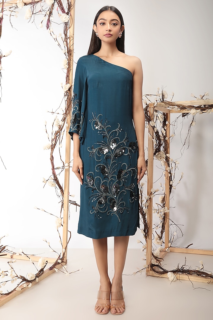 Navy Blue Embroidered One Shoulder Dress by Nayantara Couture at Pernia's Pop Up Shop