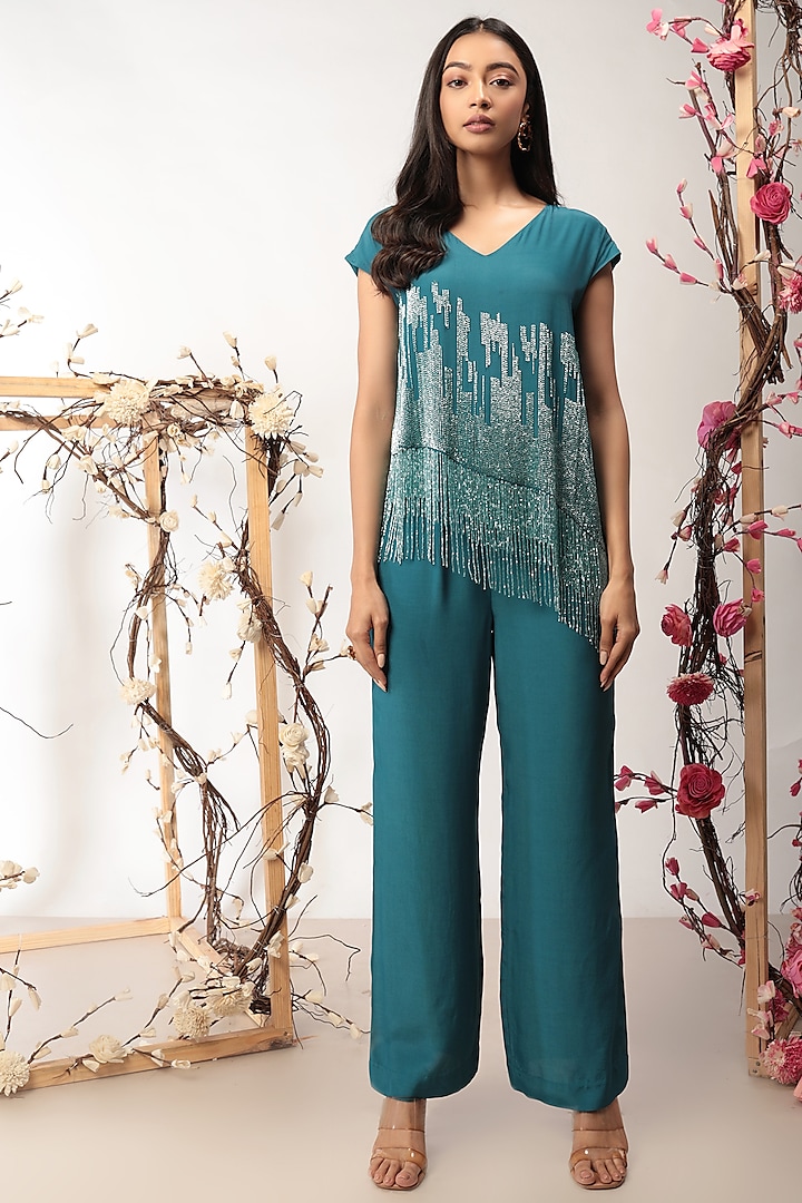 Teal Embroidered Co-Ord Set by Nayantara Couture at Pernia's Pop Up Shop