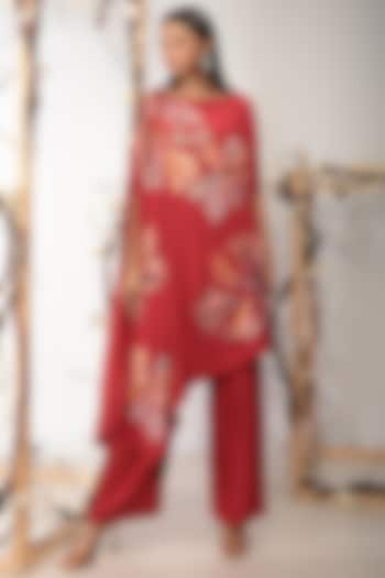 Rust Embroidered Asymmetrical Kurta by Nayantara Couture