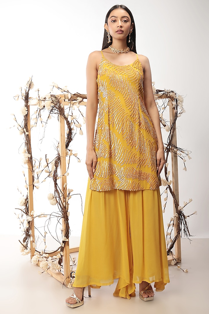 Mustard Viscose Georgette Sharara Set by Nayantara Couture