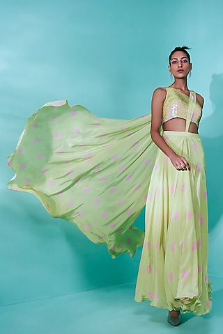 Green & Pink Crepe Draped Saree Set by Nayantaara