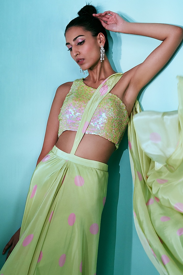 Green & Pink Crepe Draped Party Wear Saree Set by Nayantaara at Pernia's Pop Up Shop