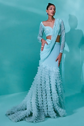 Sea Green Tulle Draped Skirt Set by Nayantaara