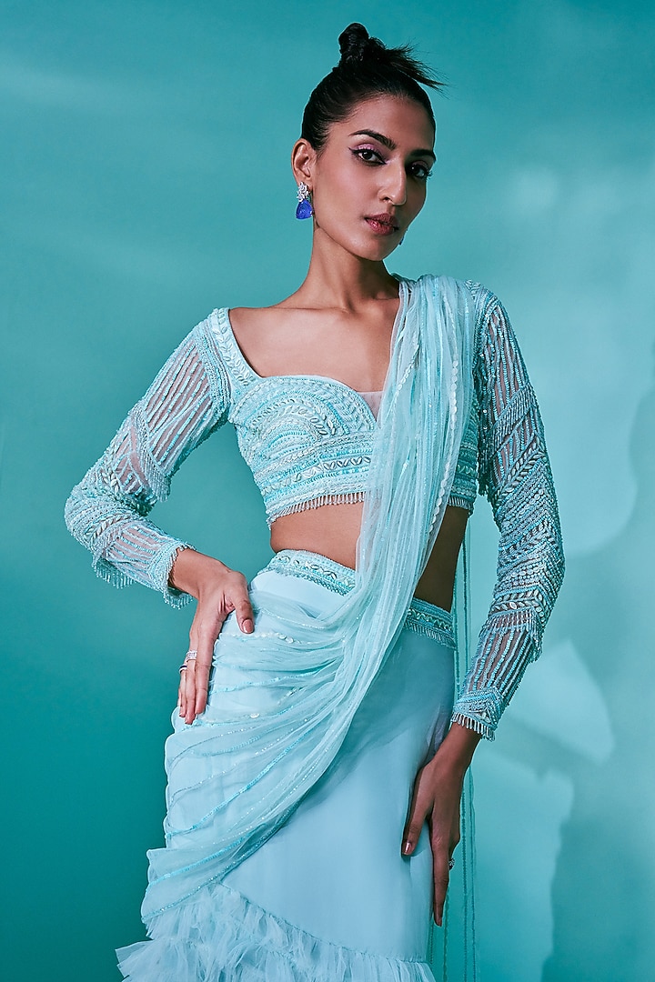 Sea Green Tulle Draped Skirt Set by Nayantaara at Pernia's Pop Up Shop