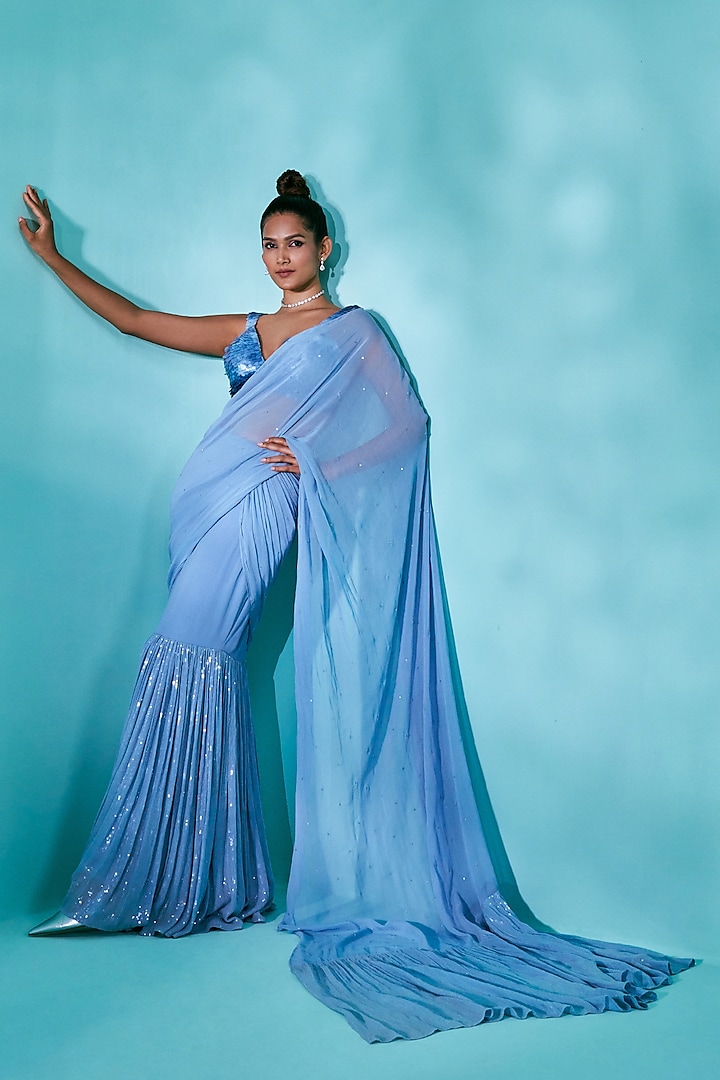 Blue Georgette Sequins & Crystals Saree Set by Nayantaara
