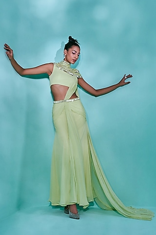 Garden Green Georgette Salli & Beads Embroidered Saree Set by Nayantaara