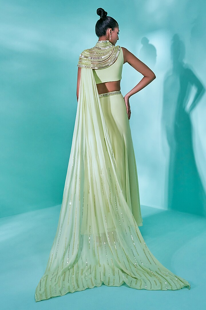 Garden Green Georgette Salli & Beads Embroidered Wedding Saree Set by Nayantaara at Pernia's Pop Up Shop