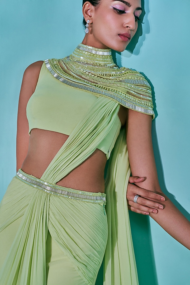 Garden Green Georgette Salli & Beads Embroidered Wedding Saree Set by Nayantaara at Pernia's Pop Up Shop