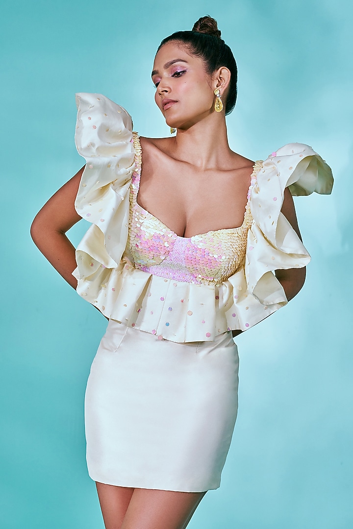 Cream Taffeta Sequins Hand Embroidered Frilled Vacation Dress by Nayantaara at Pernia's Pop Up Shop