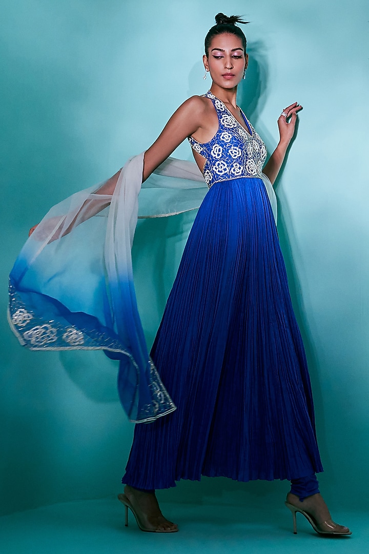 Electric Blue Chanderi Silk Sequins & Beads Embroidered Anarkali Set by Nayantaara