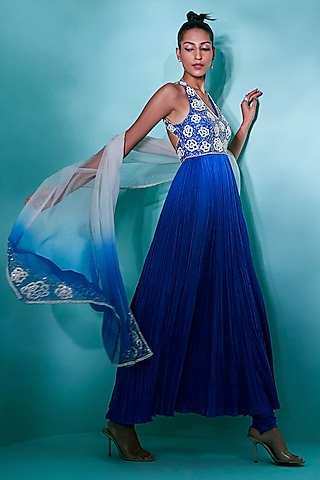 Electric Blue Chanderi Silk Sequins & Beads Embroidered Anarkali Set by Nayantaara