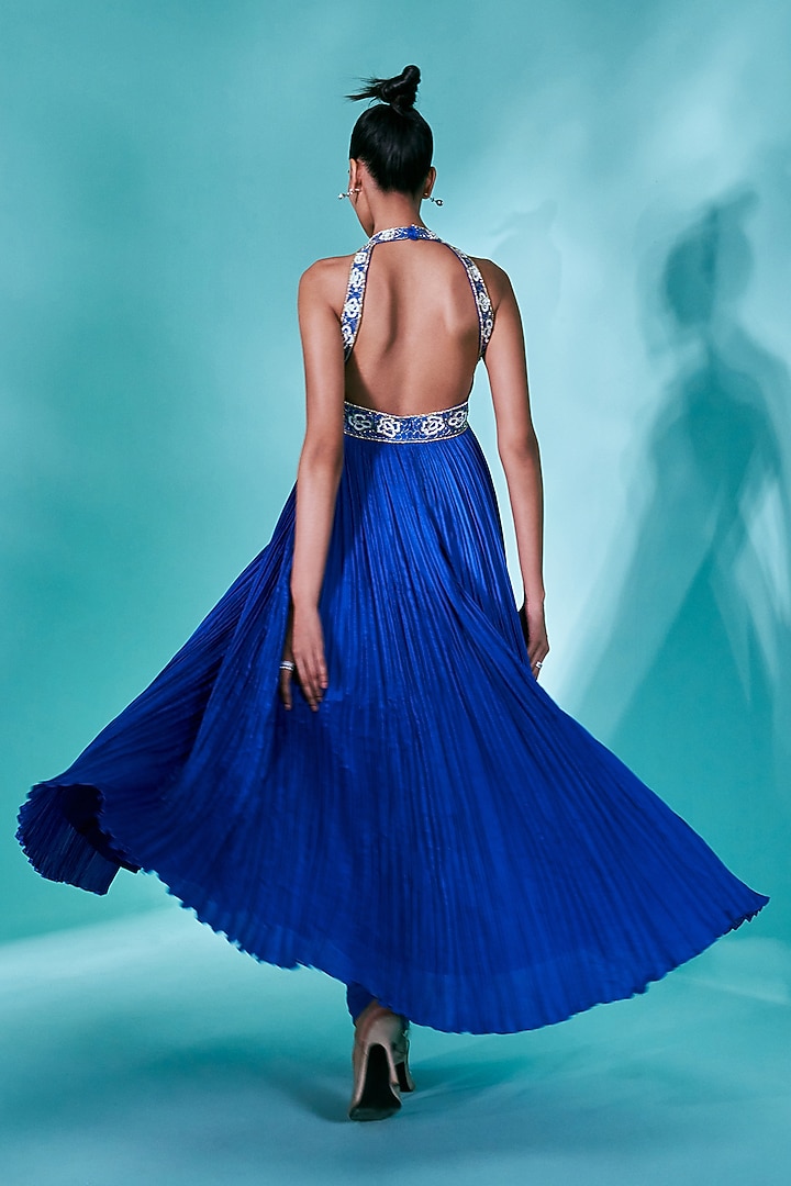 Electric Blue Chanderi Silk Sequins & Beads Embroidered Wedding Anarkali Set by Nayantaara at Pernia's Pop Up Shop