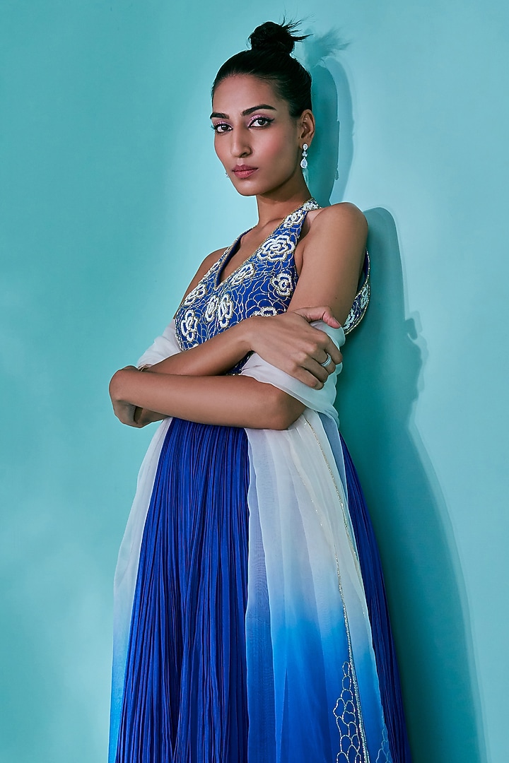 Electric Blue Chanderi Silk Sequins & Beads Embroidered Wedding Anarkali Set by Nayantaara at Pernia's Pop Up Shop