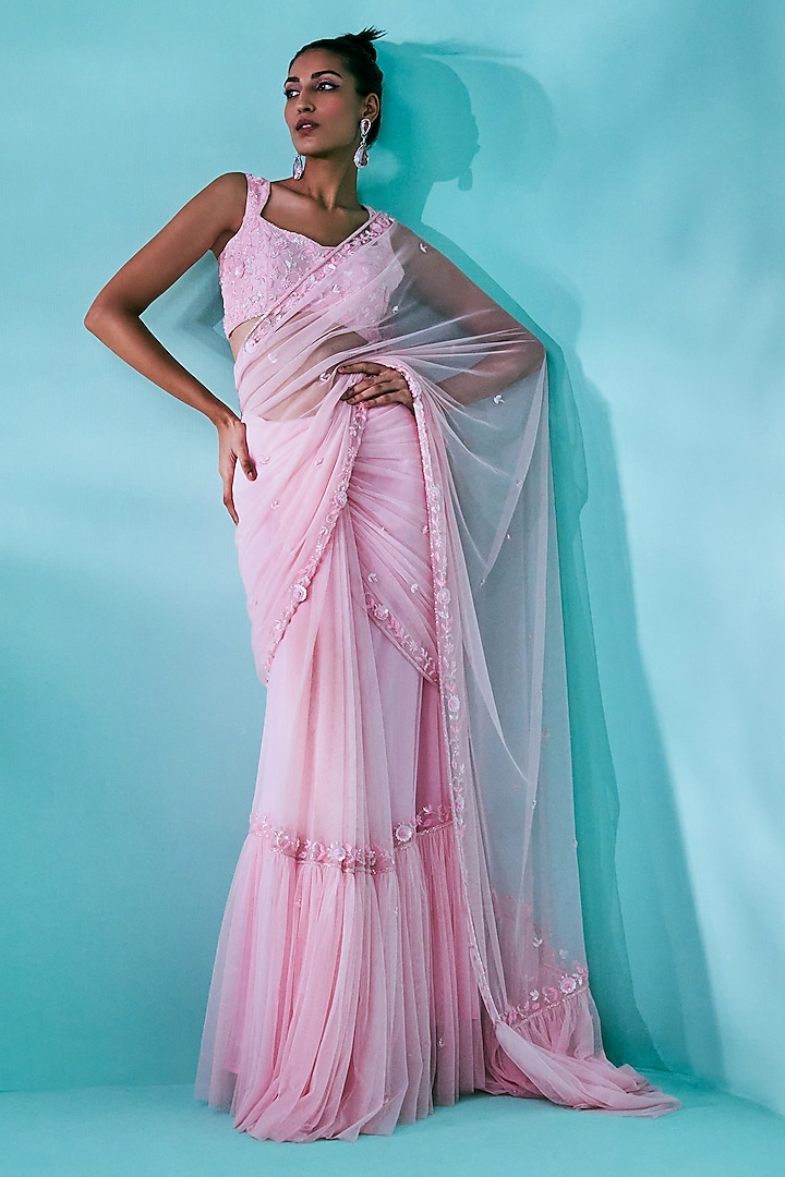 Candy Pink Soft Net Floral & Motifs Embroidered Pre-Draped Saree Set by Nayantaara
