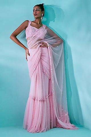 Candy Pink Soft Net Floral & Motifs Embroidered Pre-Draped Saree Set by Nayantaara