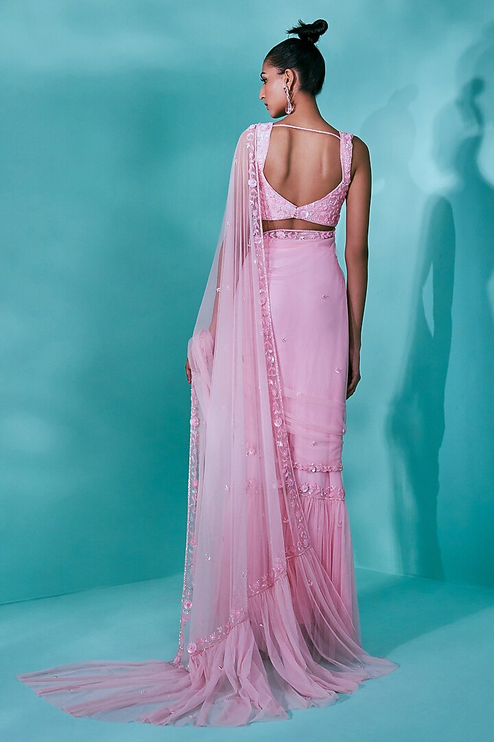Candy Pink Soft Net Floral & Motifs Embroidered Pre-Draped Wedding Saree Set by Nayantaara at Pernia's Pop Up Shop