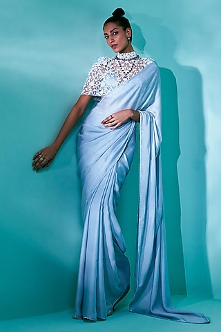 Blue Silk Satin Floral & Beads Embroidered Saree Set by Nayantaara